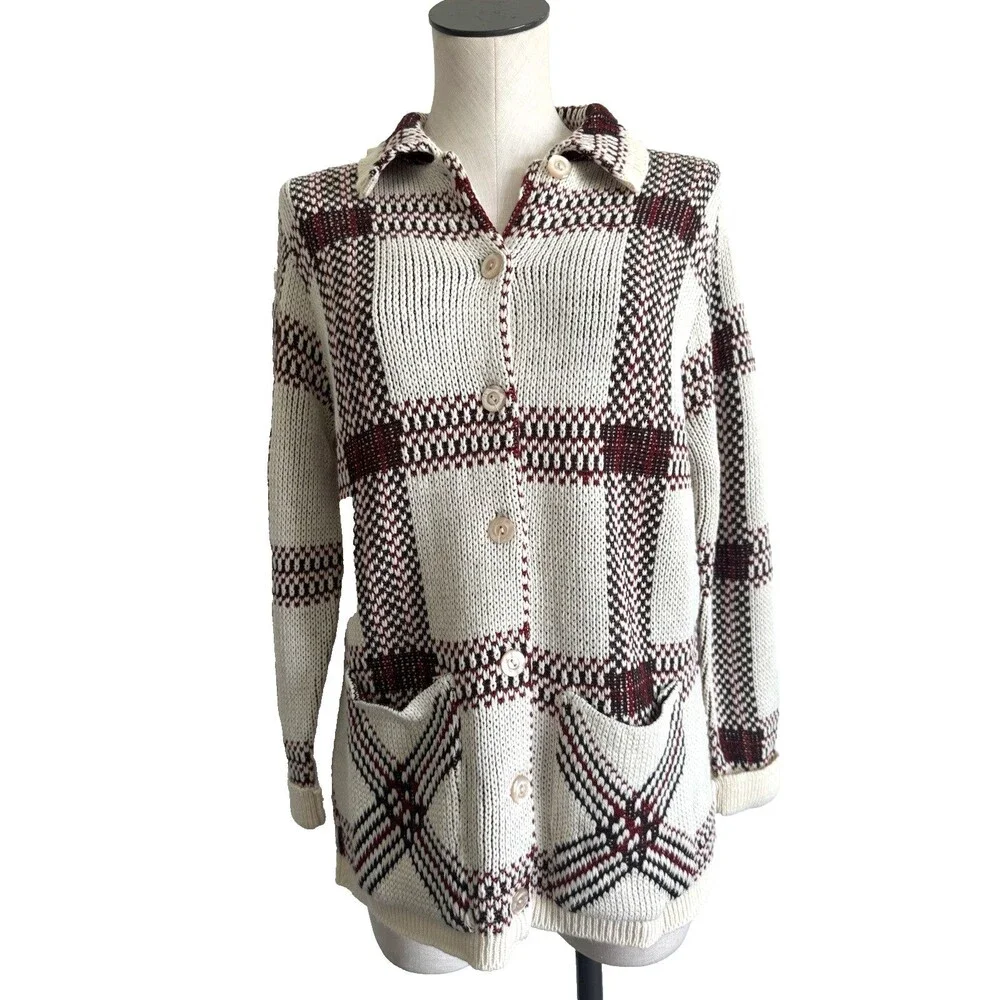 Sturbridge Women’s Plaid Knit Cardigan Sweater Beige Maroon Button Front XL